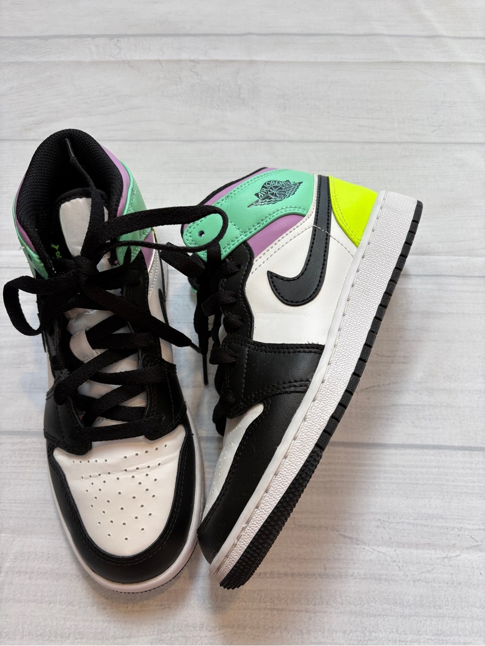 Nike Jordan Kids Black, White, Mint, Purple & Neon Yellow High-Top Sneakers
